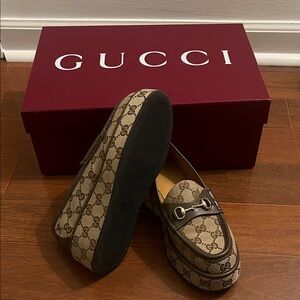 Gucci Brown Monogram Flats with Silver Accent